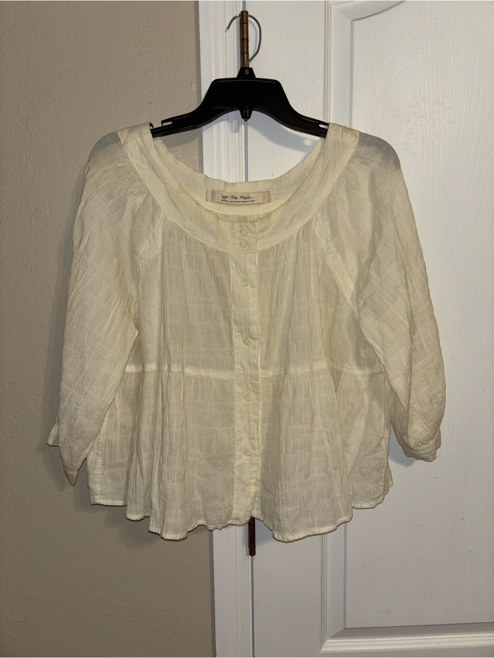 Cream Button-Front Peasant Blouse
